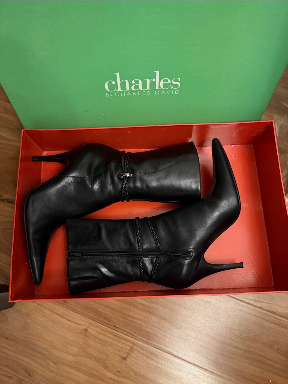 Charles by Charles David Black Leather Pointed Toe Stiletto Ankle Boots